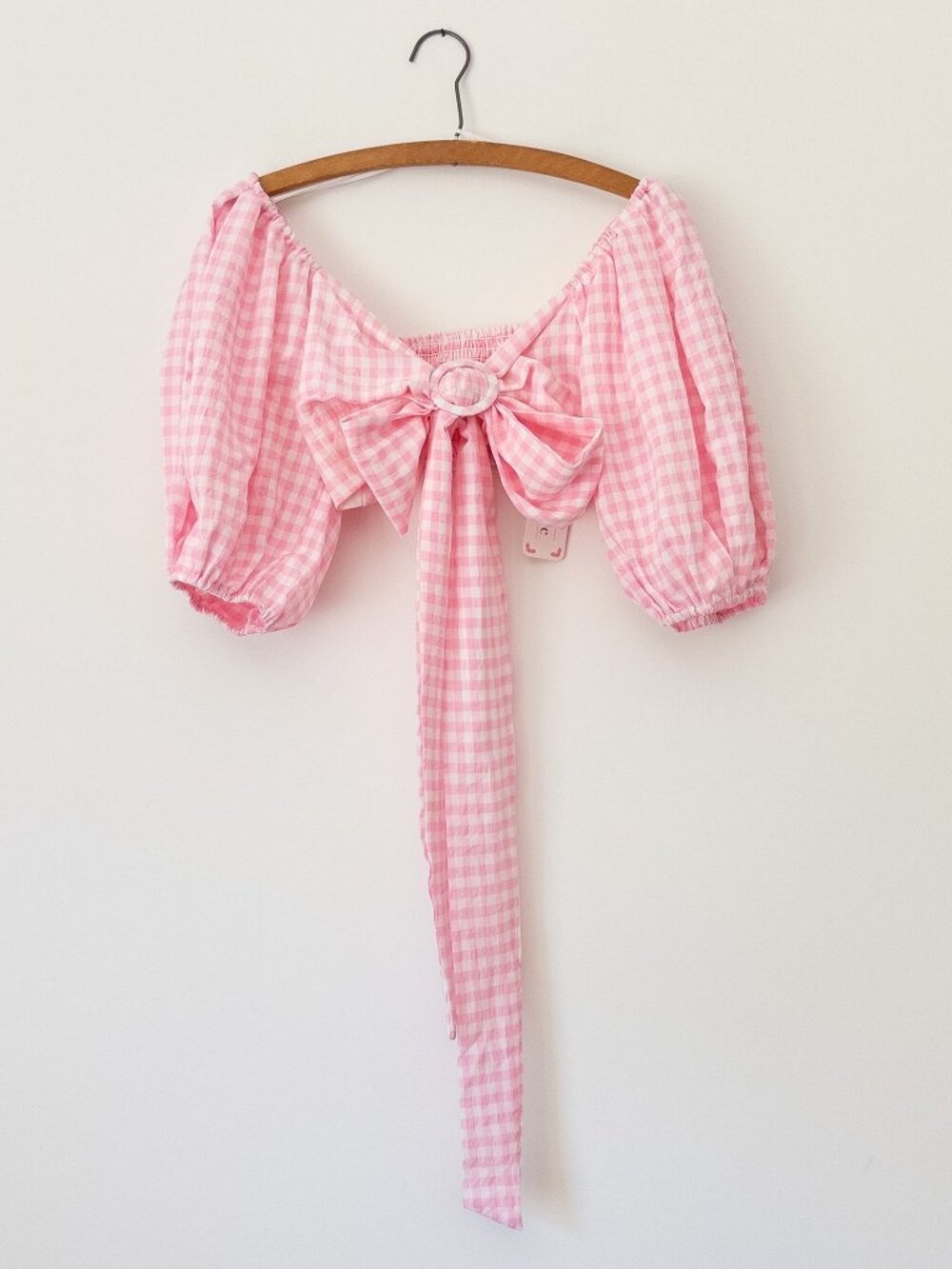 LLove Pink Gingham Bow Front Milkmaid Crop Top Puff Sleeve Coquette Cottagecore